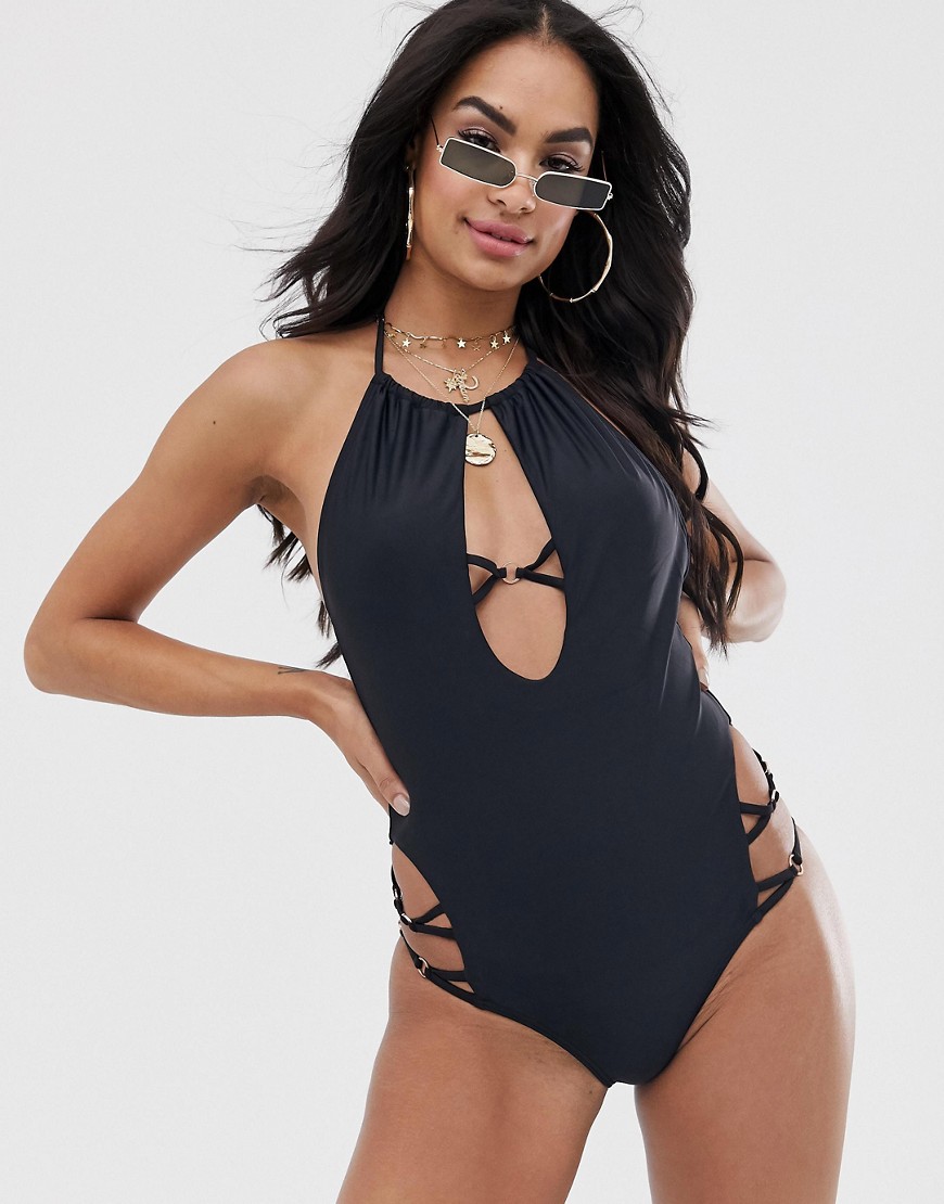 South Beach plunge front high neck swimsuit with strapping detail-Black