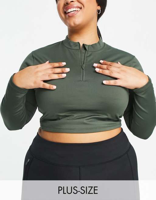 South Beach Plus - Crop top met korte rits en lange mouwen in olijfgroen 