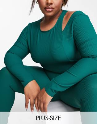 South Beach Plus cut out rib long sleeve top in forest green