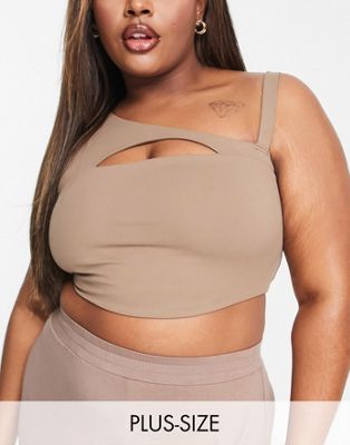 South Beach Plus cut out sports bra in taupe-Brown