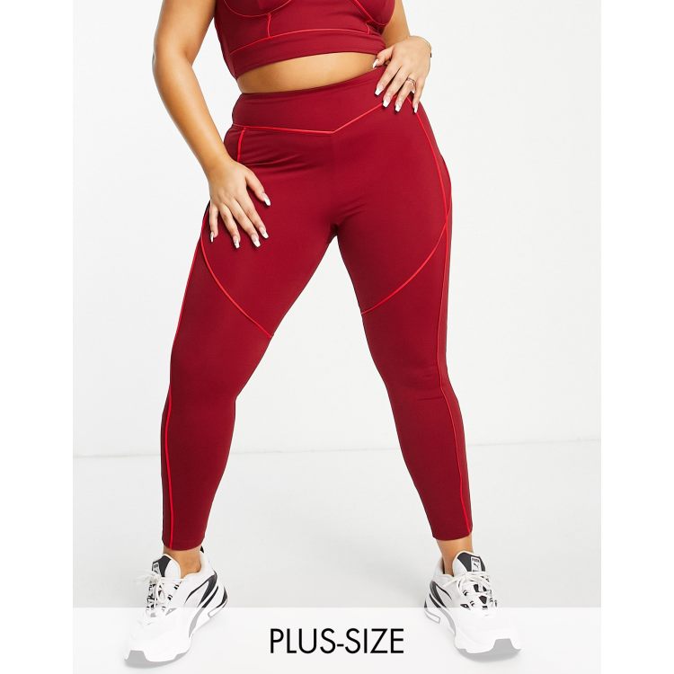 South Beach Plus high waisted leggings in burgundy with contrast seams