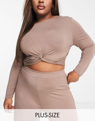 South Beach Plus jersey twist front long sleeve top in taupe-Brown