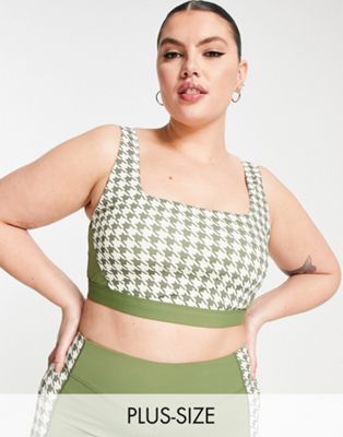 South Beach Plus light support panelled houndstooth sports bra in khaki