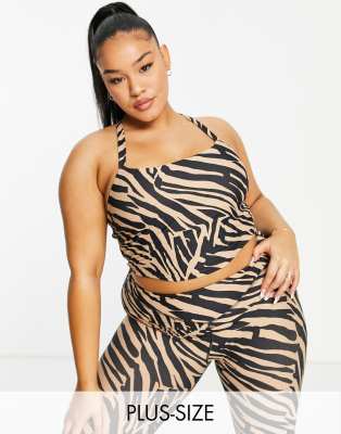 South Beach Plus light support strappy longline sports bra in zebra print-Multi