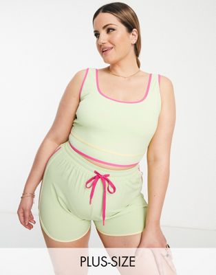 South Beach Plus polyester crop top in lime green with contrast piping