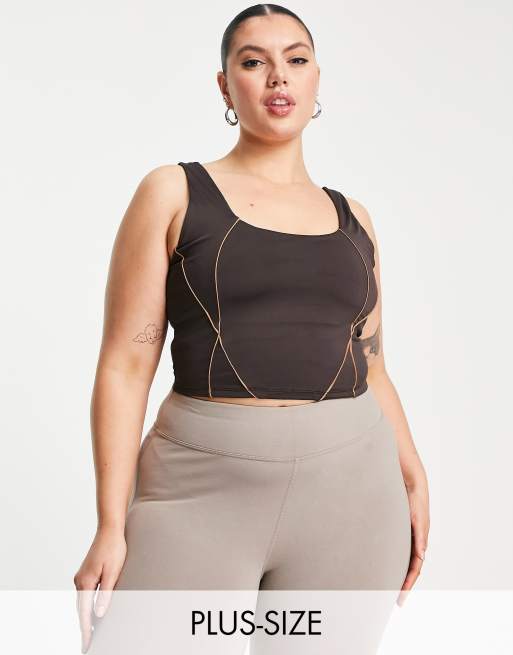 South Beach Plus seam detail contour longline crop top in dark brown