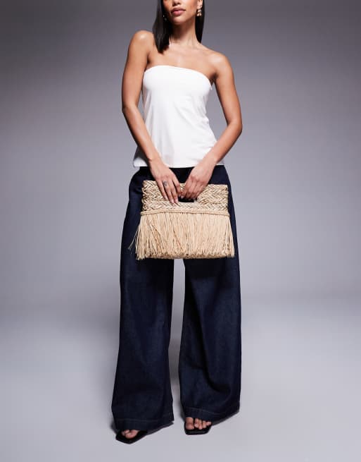 South Beach - Pochette beige in paglia con frange , 2 di 4