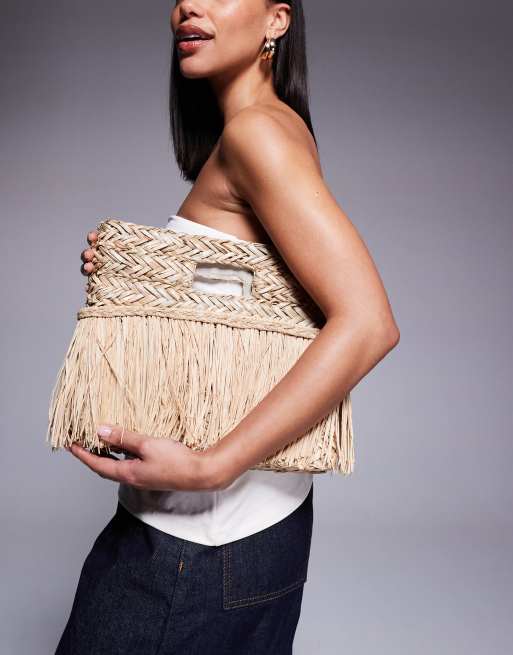 South Beach - Pochette beige in paglia con frange , 3 di 4