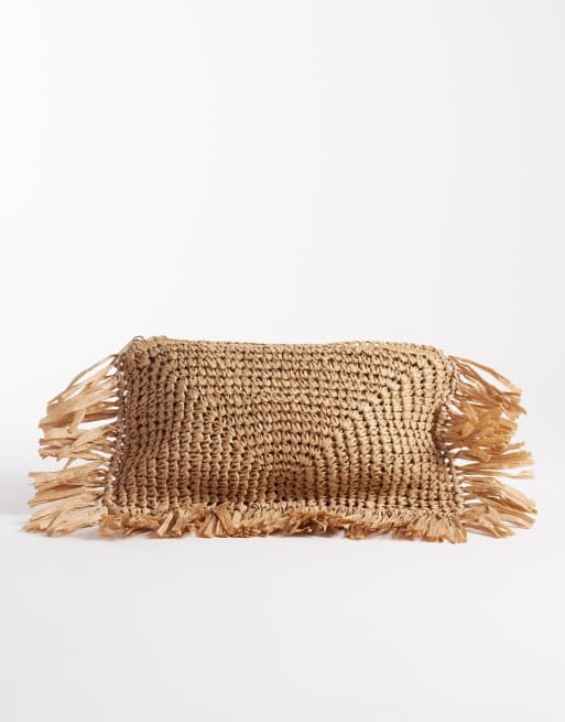 South Beach - Pochette colore naturale in paglia con frange 