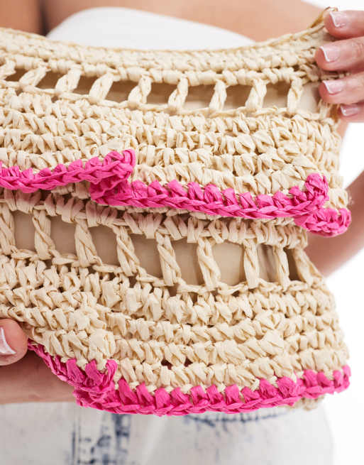 South Beach - Pochette en maille au crochet à volant - Rose vif et naturel , 3 de 4