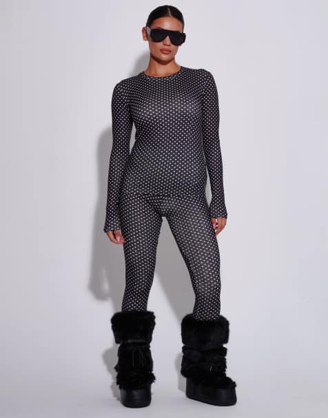 South Beach Polka dot double brushed pointelle thermal base layer set in black - view 1