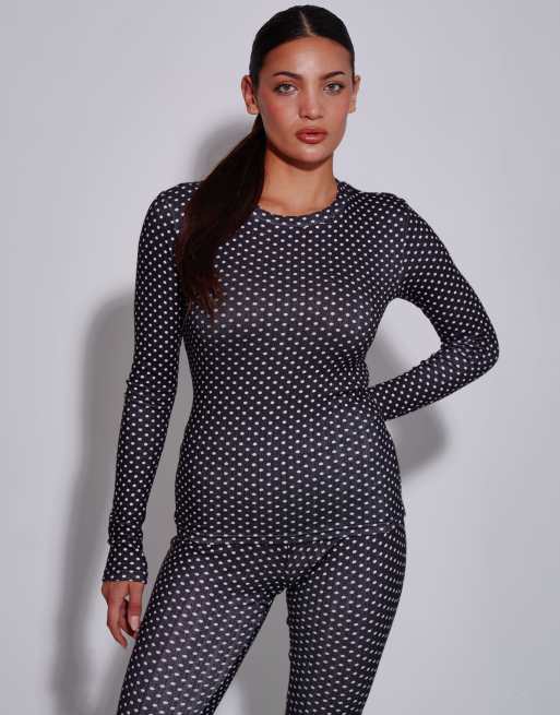 South Beach Polka dot double brushed pointelle thermal base layer set in black, 3 of 7