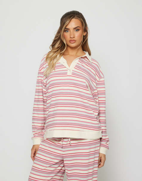 South Beach - Polo de rugby en maille rayée - Rose - view 1