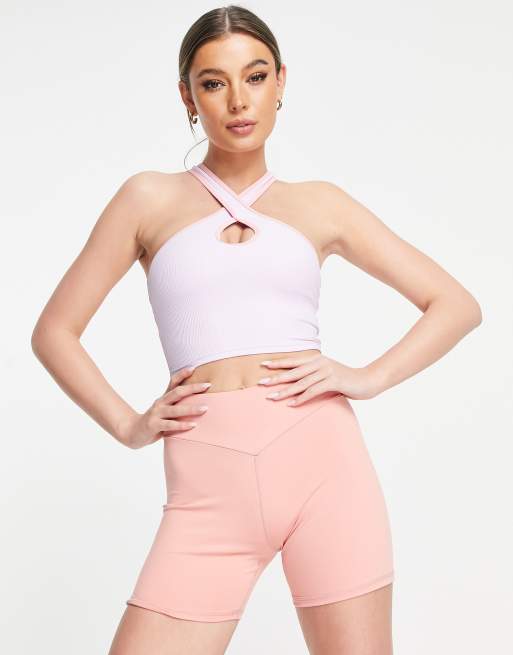 South Beach recycled polyester half zip crop top & matching shorts in cedar  rose