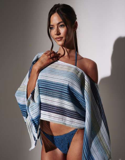 South Beach – Poncho-Oberteil aus Häkelstoff in Blau gestreift - view 1
