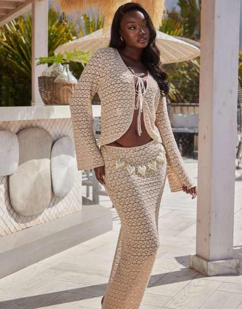 South Beach popcorn knit beach co-ord in beige - view 1