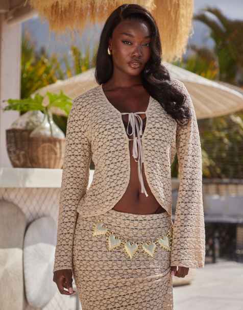 South Beach popcorn knit tie front long sleeve beach top in beige - view 1