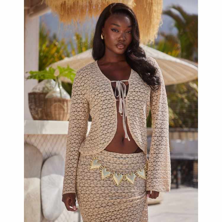 South Beach popcorn knit tie front long sleeve beach top in