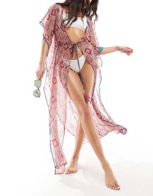 South Beach Print Chiffon Maxi Kaftan In Multi