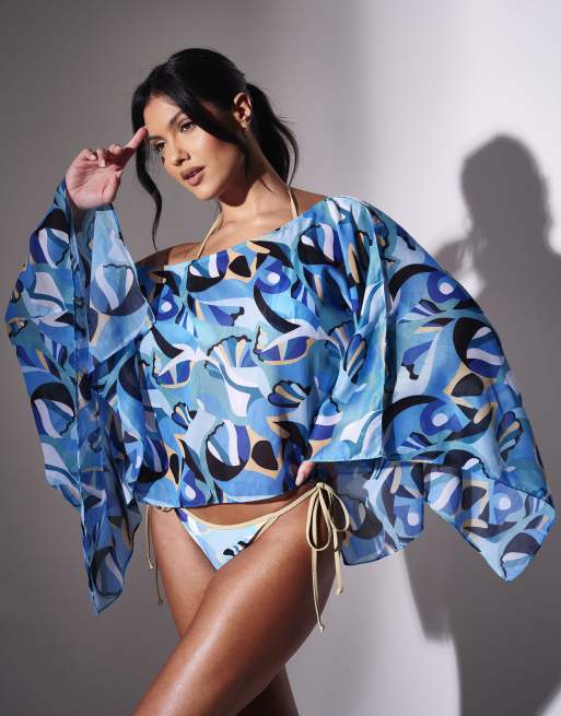 South Beach Printed beach poncho cover up in blue, 2 of 4