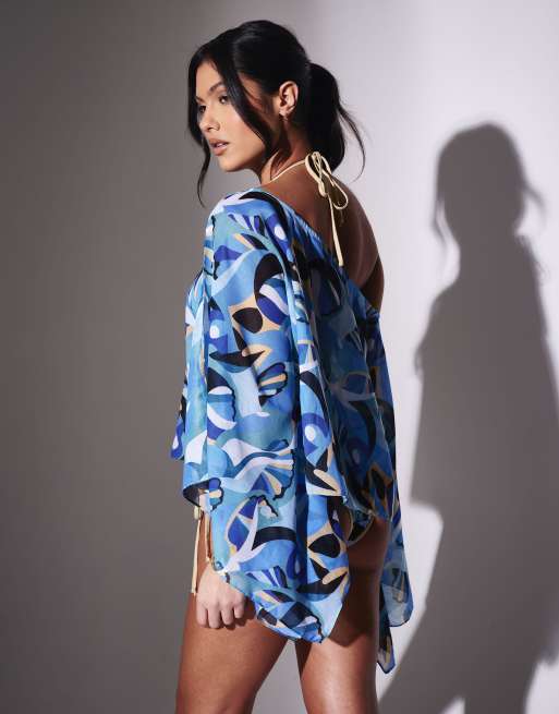 South Beach Printed beach poncho cover up in blue, 3 of 4