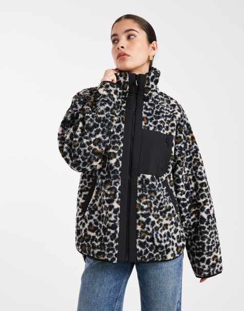 South Beach printed borg zip jacket with pocket in leopard