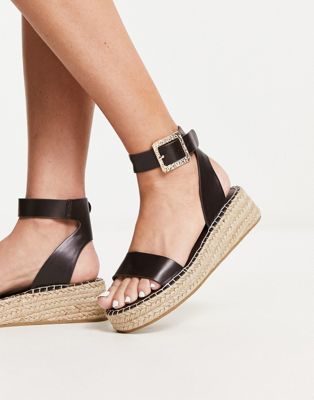  PU two part espadrille sandal with textured buckle in chocolate