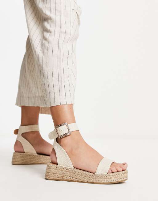 South Beach PU two part espadrille sandal with textured buckle in cream linen