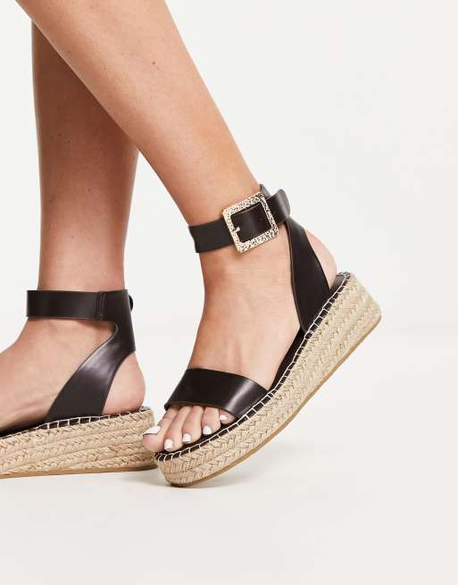 South Beach PU Two Part Espadrille Sandals with Textured Buckle in chocolate-Brown