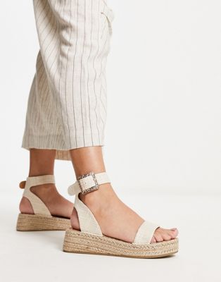 PU two part espadrille sandals with textured buckle in cream linen-White