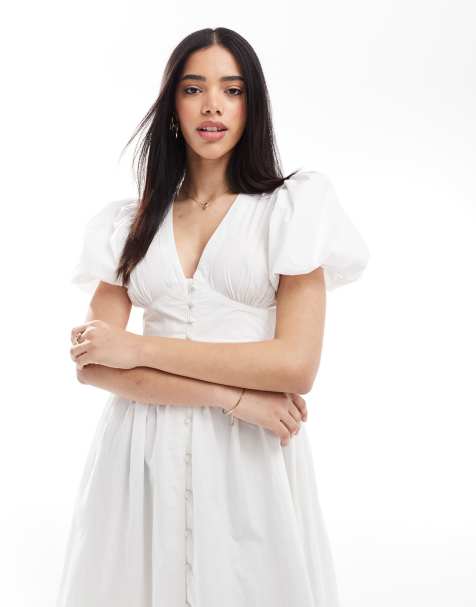 South Beach Puff sleeve button detail midi dress in white - view 1