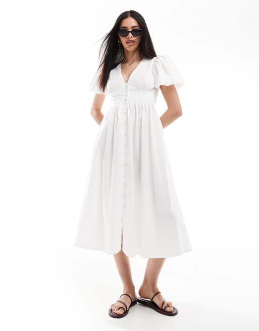 South Beach Puff sleeve button detail midi dress in white | ASOS