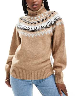 South Beach - Pull col roulé en maille jacquard - Beige-Neutral