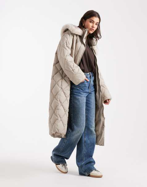 South Beach quilted long coat with faux fur lined collar in taupe 