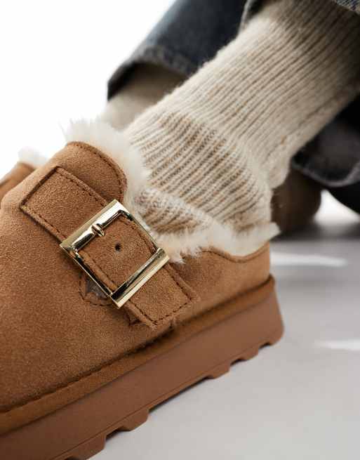 South Beach Reach sheep skin buckle mules in chestnut, 3 of 4