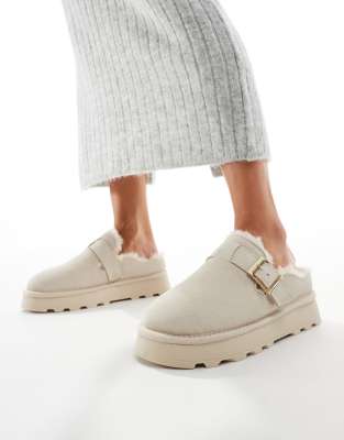 Real Sheep Skin Buckle Mules in Cream-Brown