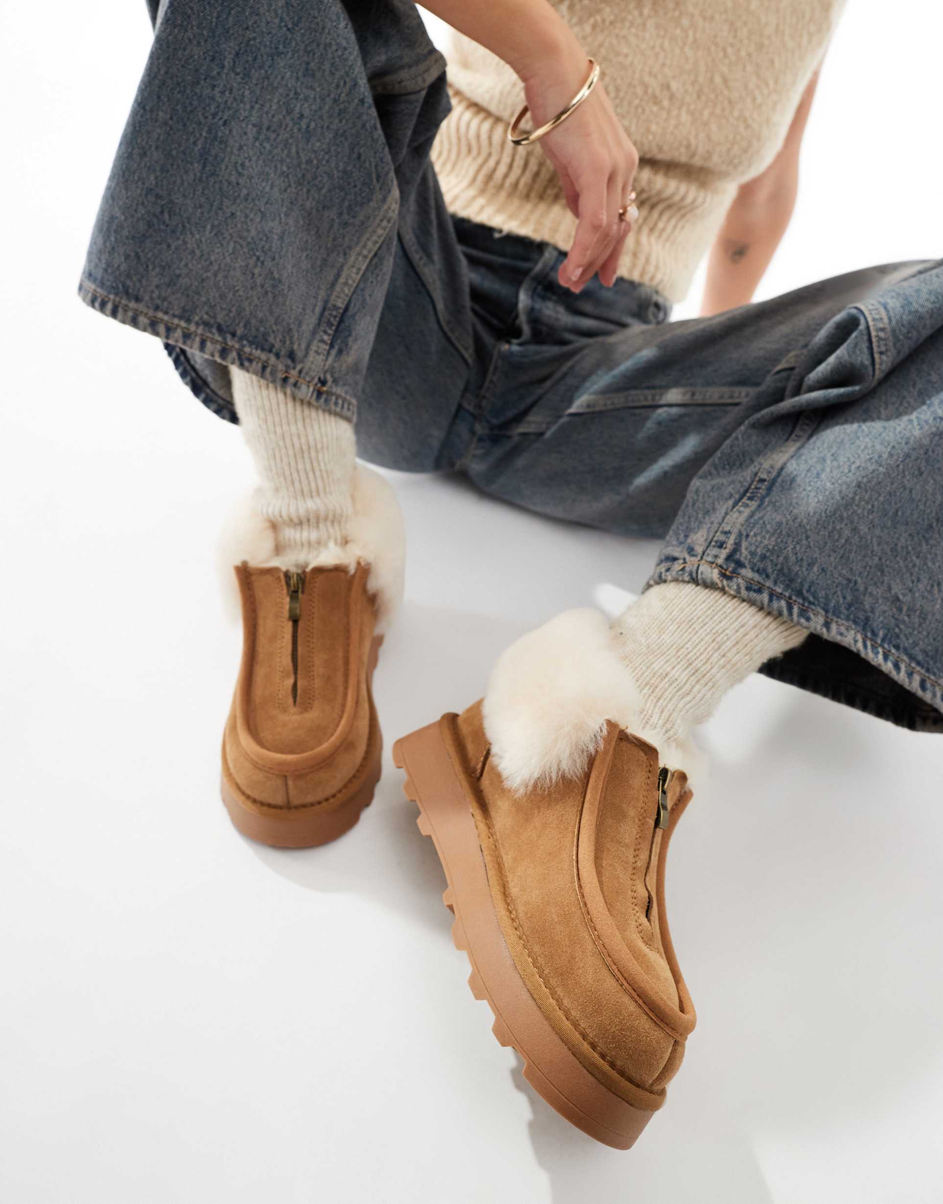 south beach real sheepskin zip up ankle boots in chestnut