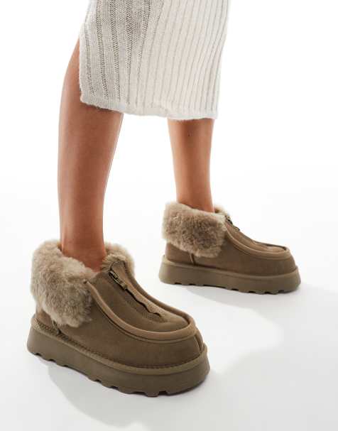 South Beach real sheepskin zip up ankle boots in olive - view 1