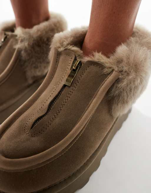 South Beach Real Sheepskin Zip Up Ankle Boot in Olive