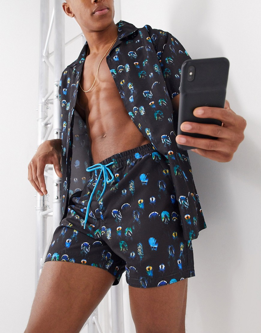 South Beach Recycled Fabric Feather Print Swim Shorts-Multi