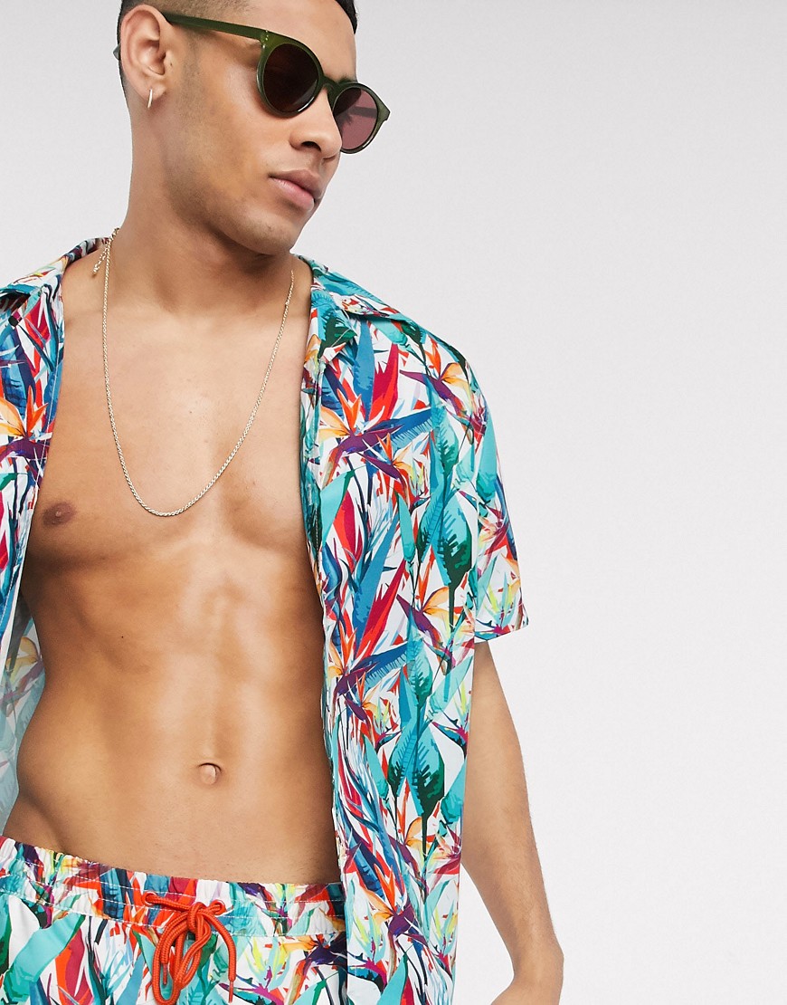 South Beach Recycled Fabric Tropical Print Shirt Co-ord-Multi
