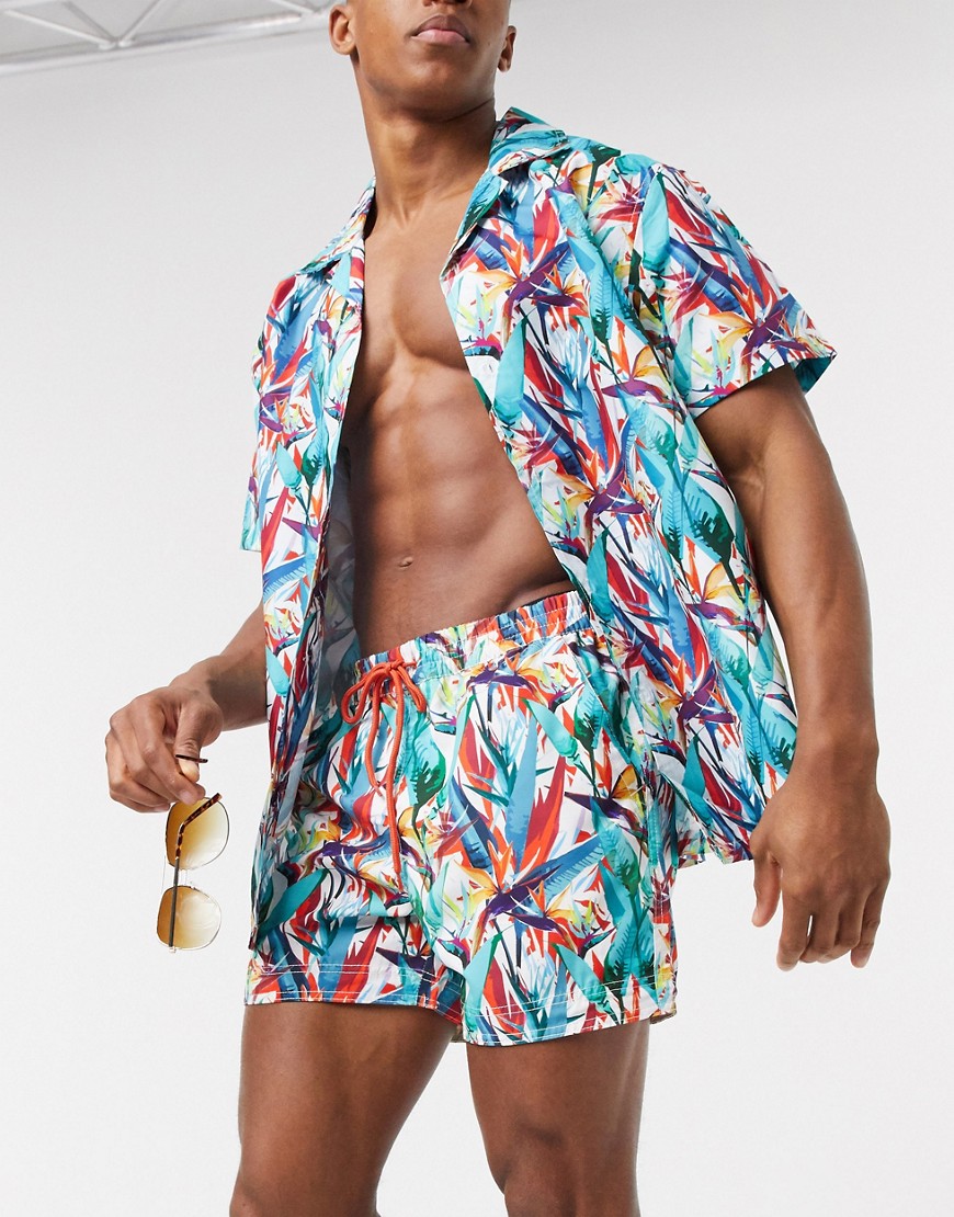 South Beach Recycled Fabric Tropical Print Swim Shorts-Multi
