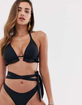 South Beach Recycled mix and match frill triangle bikini top in black