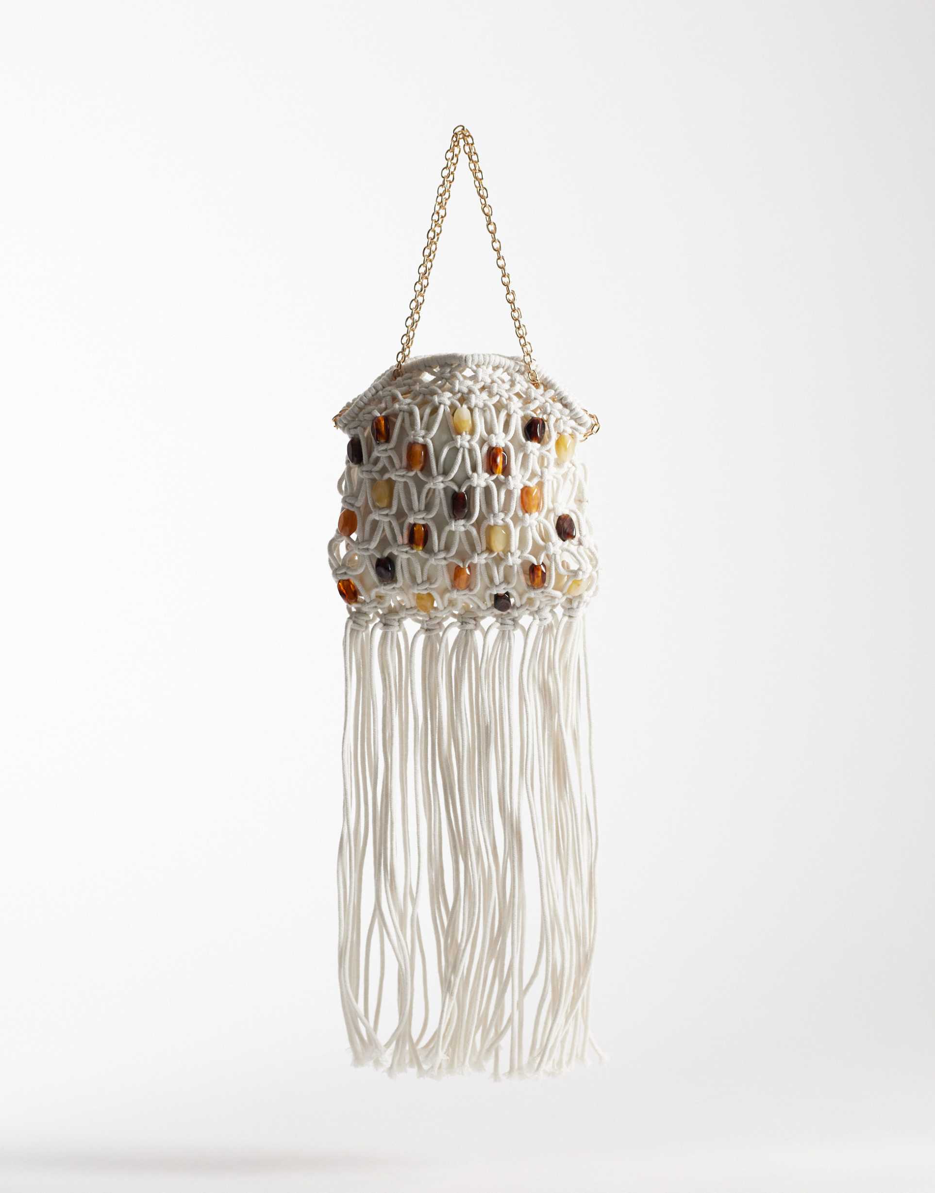 south beach resin beaded crochet crossbody bag in off white