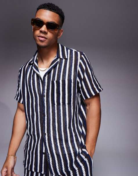 South Beach revere knitted beach shirt in black and white stripe - view 1