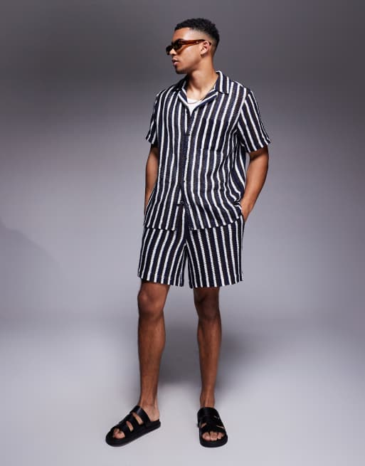 South Beach revere knitted beach shirt in black and white stripe, 2 of 4