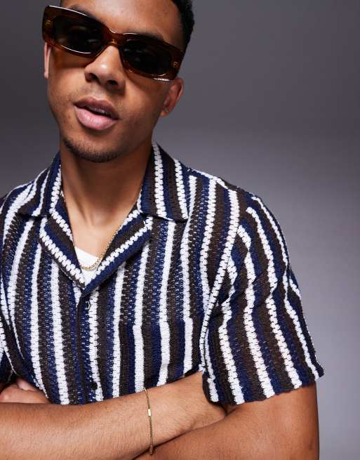 South Beach revere knitted beach shirt in black and white stripe, 3 of 4