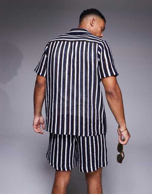 South Beach revere knitted beach shirt in black and white stripe, 4 of 4