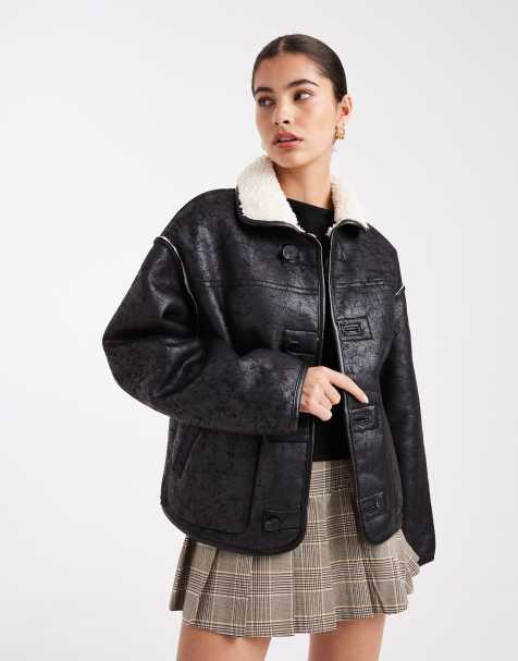South Beach reversable borg lined pu button down jacket in monochrome  - view 1