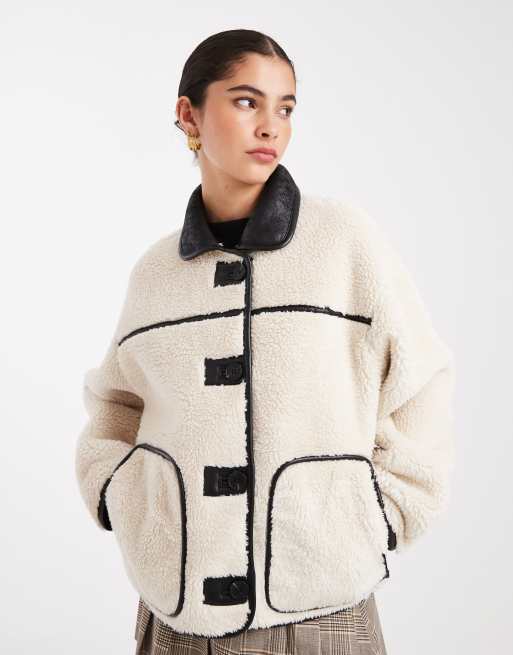 South Beach reversable borg lined pu button down jacket in monochrome , 2 of 4